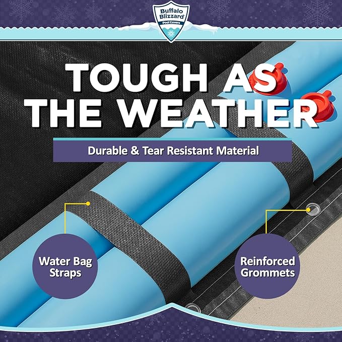 Buffalo Blizzard Deluxe Winter Cover for 18 ft x 36 ft Rectangle Inground or Above Ground Swimming Pools | Blue/Black Reversible | 5-Foot Additional Material