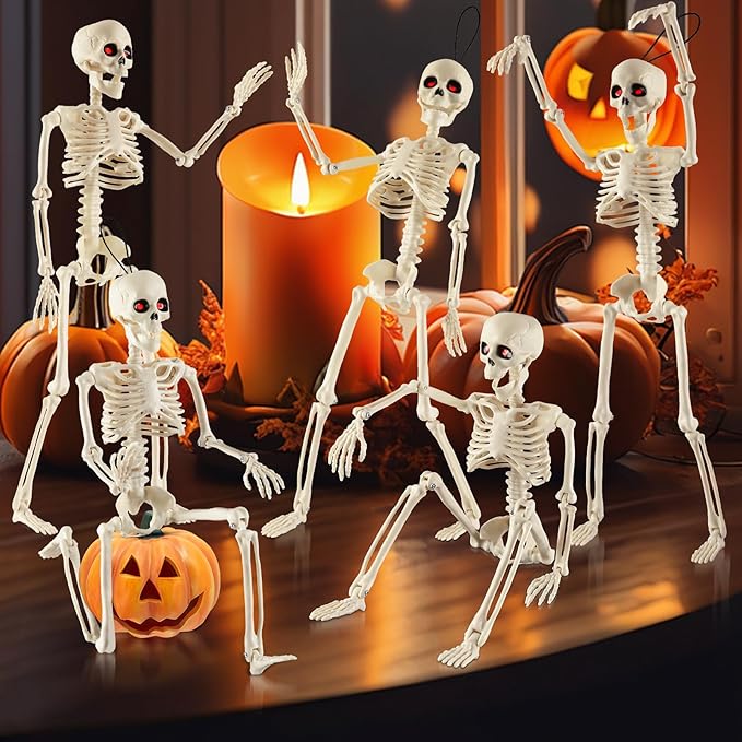 Remiawy Skeleton Halloween Decorations, 16” Full Body Posable Skeletons with Movable Joints, Small Plastic Hanging Props for Haunted House, Yard, Graveyard, Spooky Party Indoor Outdoor Decor, 2 Packs