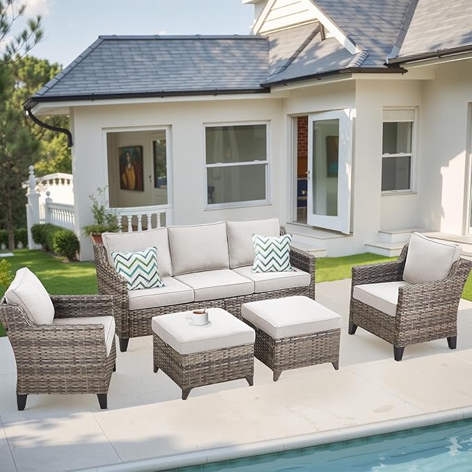 Patio Furniture Set, 5 Pieces Outdoor Wicker Rattan Sofa Couch with Rattan Chair, Ottomans and Comfy Cushions, All Weather Patio Conversation Sets, Suit for Porch Deck Garden