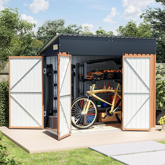 8x4 Ft Outdoor Metal Shed, Storage Shed with Floor & Triple Lockable Doors, Front & Side Door for Easy Access, Large Garden Tool Shed for Backyard, Patio, Lawn & Utility Storage