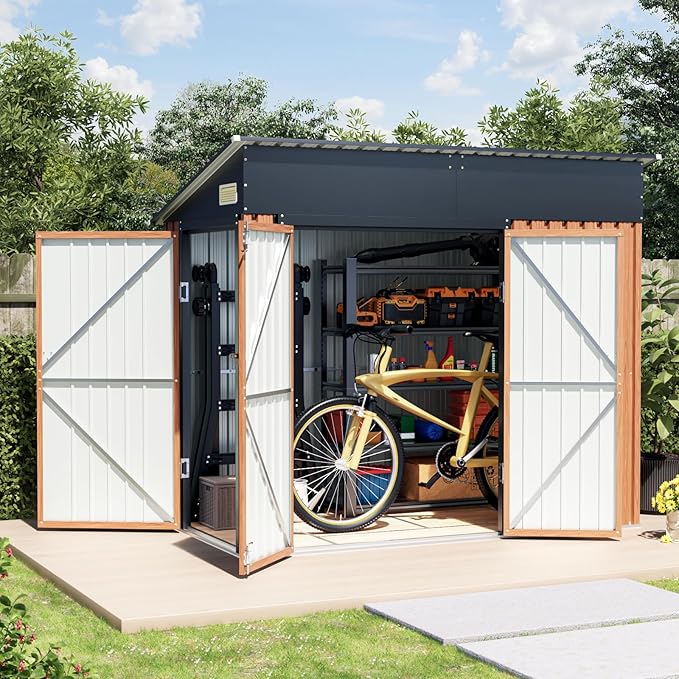 8x4 Ft Outdoor Metal Shed, Storage Shed with Updated Frame Structure & Triple Lockable Doors, Large Garden Tool Shed for Backyard, Patio, Lawn & Utility Storage