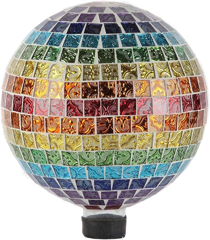 Lily's Home Colorful Mosaic Glass Gazing Ball, Designed with a Stunning Rainbow Holographic Mosaic Pattern to Bring Color to Any Home and Garden. 10 Inches Diameter