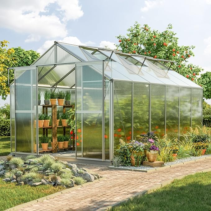 Greenhouse Topas 6 Aluminum Frame 7.4 x 12.6 ft Approx. 6 mm Polycarbonate Panels - with Bonus Base Frame and Automatic Vent Opener