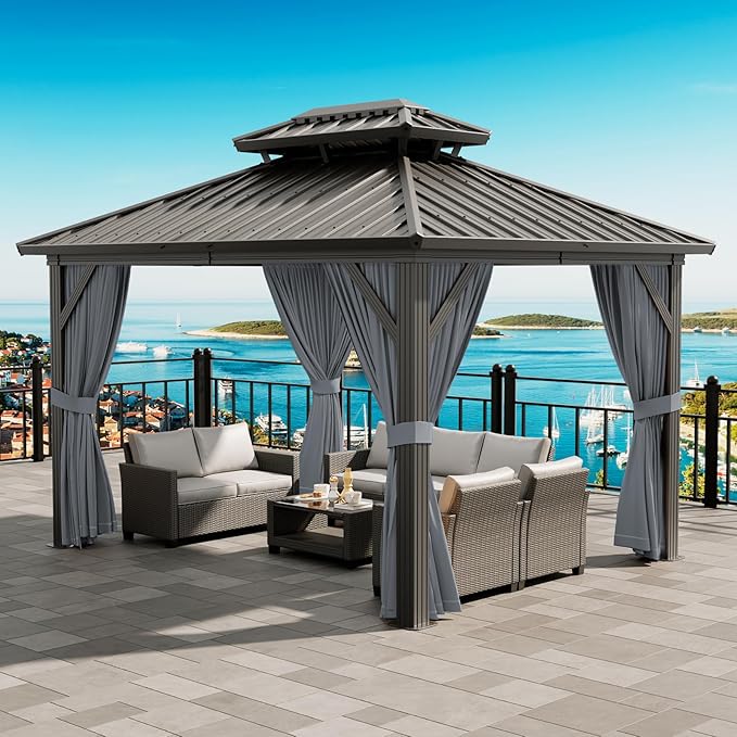 12'x10' Hardtop Gazebo, Heavy Duty Aluminum Permanent Hardtop Gazebo Outdoor Pavilion with Curtains and Netting for Garden (Gray, 12'x10')