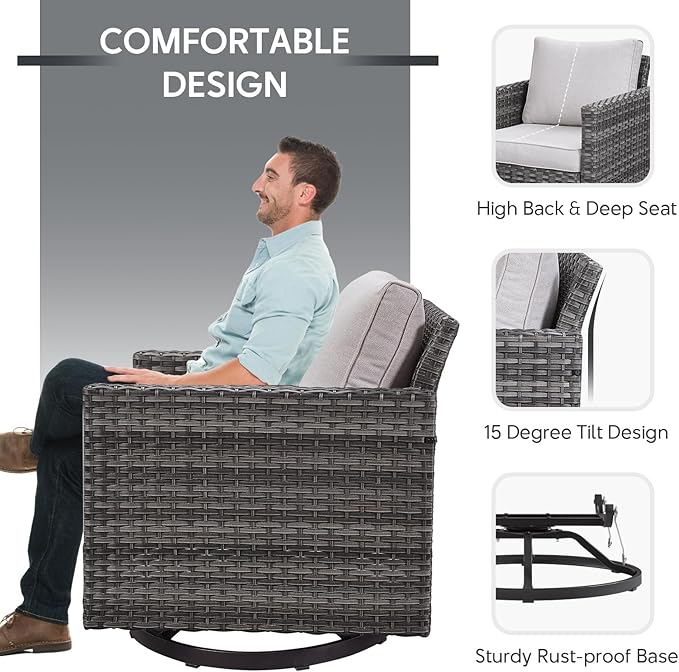 Outdoor Swivel Rocker Chairs - 5 Piece Patio Bistro Set Wicker Patio Rocking Chairs Set with Side Table and Ottomans, 360° Swivel Glider Proch Furniture for Balcony Deck - Grey/Beige