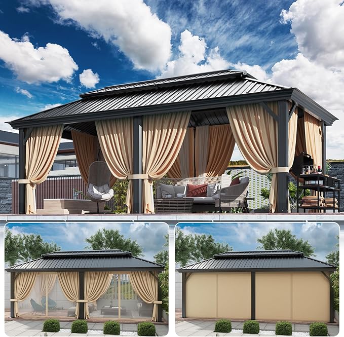 HOTEEL 12x20 Gazebo with Metal Roof Heavy Duty Hardtop Gazebo with Flame-Retardant Curtain & Netting, Hot Tub Gazebos with Galvanized Steel Double Roof, Outdoor Canopy for Patio, Party (2025 Upgraded)
