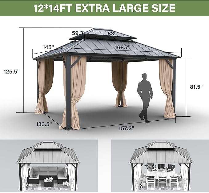 12' x 14' Hardtop Gazebo,Outdoor Galvanized Steel Metal Double Roof Gazebo with Curtains and Netting for Patios, Gardens, Lawns,Khaki