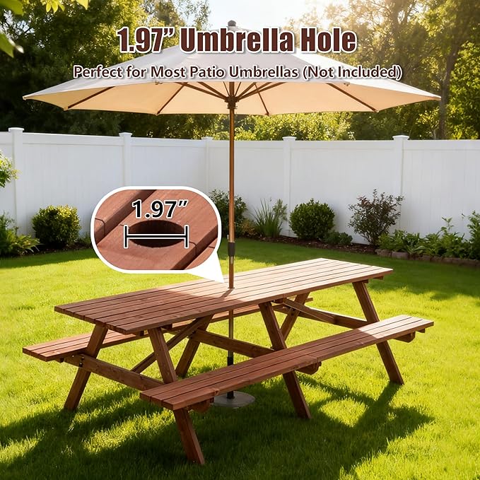 Picnic Table with Bench for 12 Person Rectangle Outdoor Wooden Outdoor Picnic Table for Patio Garden Backyard Large Outside Dining Table Set with Umbrella Hole
