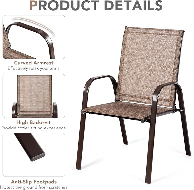 Tangkula 4 Piece Patio Dining Chairs, Outdoor Bistro Chairs W/Curved Armrests, Easy-to-Dry Fabric, Reinforced Steel Frame, Wide & Comfortable Camping Chairs for Garden, Poolside, Backyard (2, Brown)