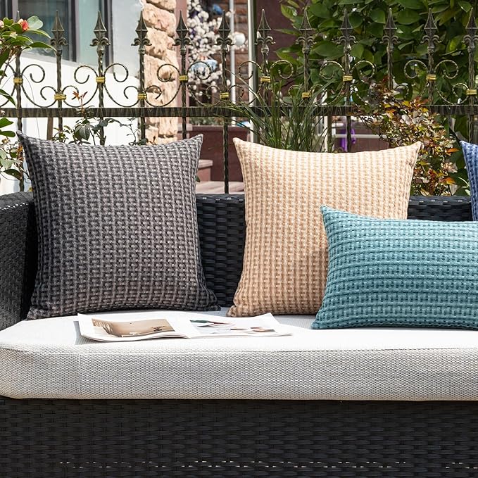 Kevin Textile Outdoor Waterproof Throw Pillow Covers Pack of 2 Farmhouse Decorative Cushion Covers for Garden Patio Tent Balcony Bench Couch Sofa 20x20 Inch, Light Brown