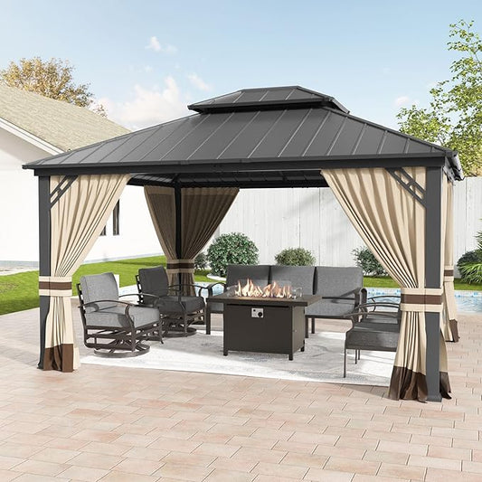 12'x14' Hardtop Gazebo,Outdoor Galvanized Steel Metal Double Roof Gazebo with Curtains and Netting for Patios,Gardens,Lawns,Sand