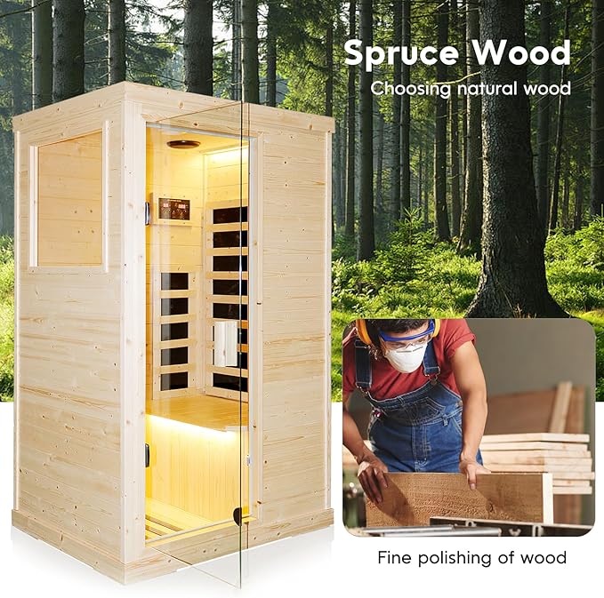 Far Infrared Sauna 1 Person Sauna Room Home Spruce Wood Indoor Saunas 900W/110V Low EMF Dry Sauna 5 Energy Saving Heating Panels, Built-in Control Panel, Speakers, Reading Lights and Circulation Vents