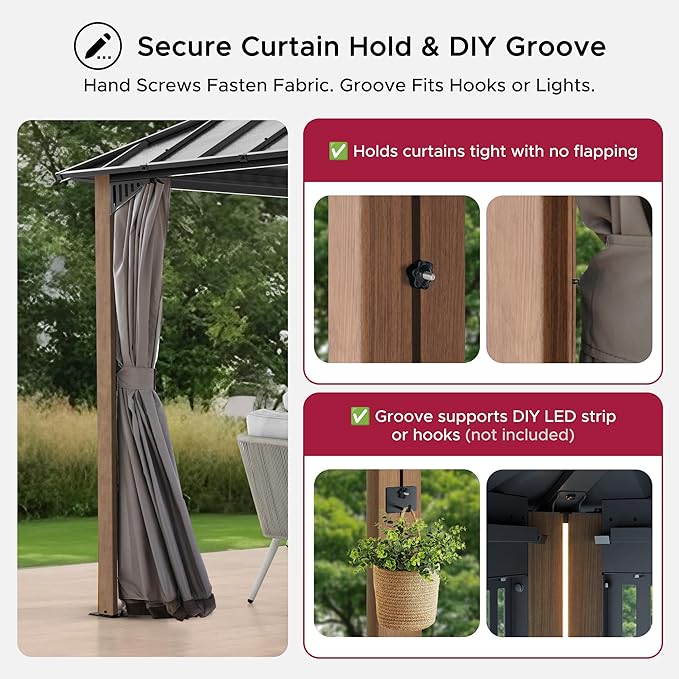 SUNJOY Kingston 20' x 12' Hardtop Gazebo with Galvanized Steel Double Roof, Curtain and Netting, Woodgrain Finish Aluminum Posts Permanent Pavilion Gazebo for Garden, Patio, Deck, Lawn