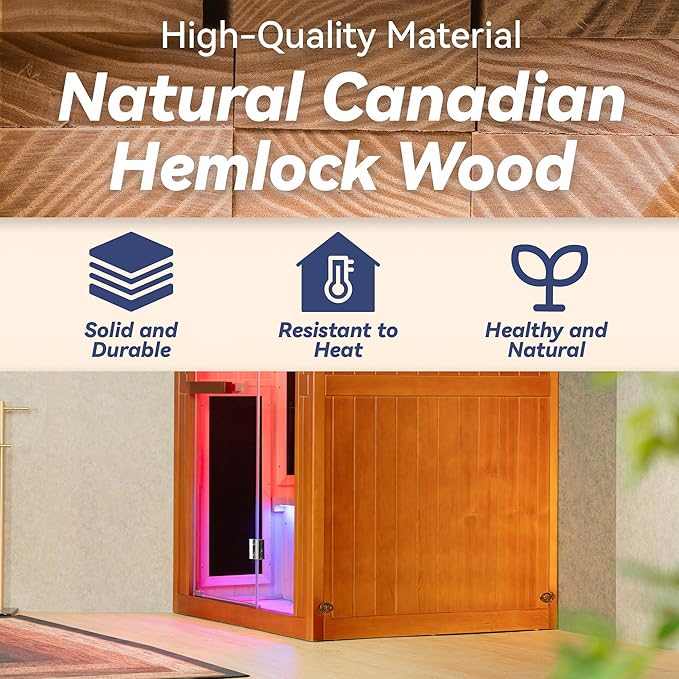 Woodbridge Infrared Home Sauna Room 2 Person Hemlock Wooden Indoor Sauna with 7 Carbon Heaters, Red Light Therapy, Bluetooth Speaker, Intelligent Control Panel, Tempered Glass & Top Vent