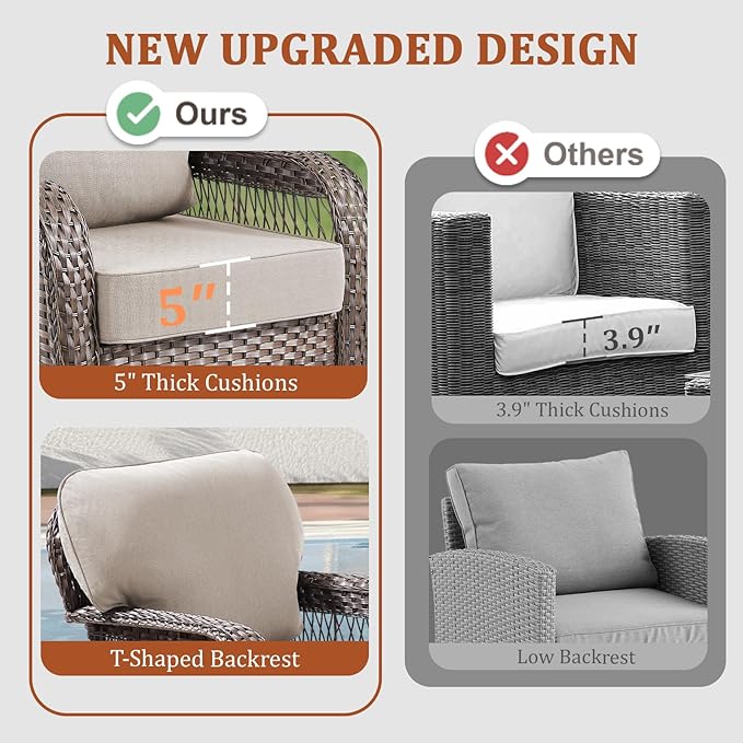 7 Pieces Patio Furniture Set Outdoor Sectional Sofa Couch with Rocking Swivel Chairs 5" Deep Seat Chairs, Modern Wicker Rattan Conversation Set, Beige/Brown Wicker