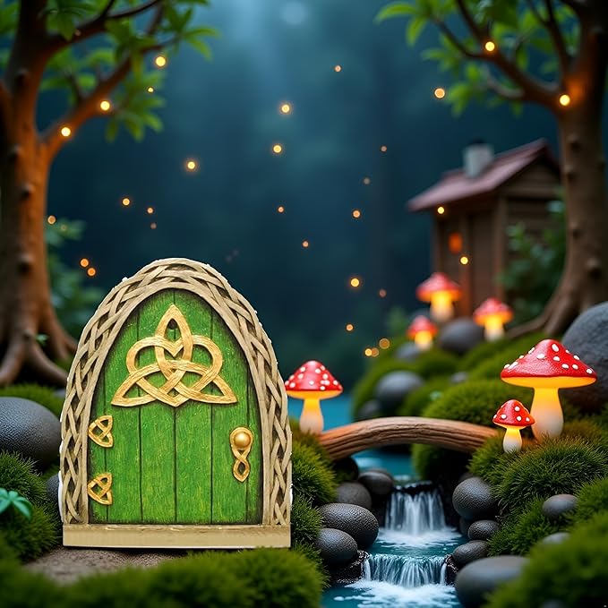 Green Mini Fairy Garden Door for Tree, 3D Miniature Fairy Door for Fairytale Tiny House Doors, Bonsai Terrarium Micro Landscape Decoration Accessories Garden Miniatures