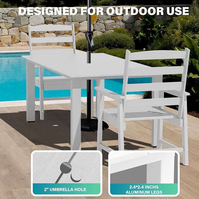 LOUNZY 9 Pieces Patio Dining Sets, 90'' Table Outdoor HDPE Furniture Set w/ 2" Hole Cut-Out Dining Table with 8 Patio Chairs for Lawn, Pool and Yard, White
