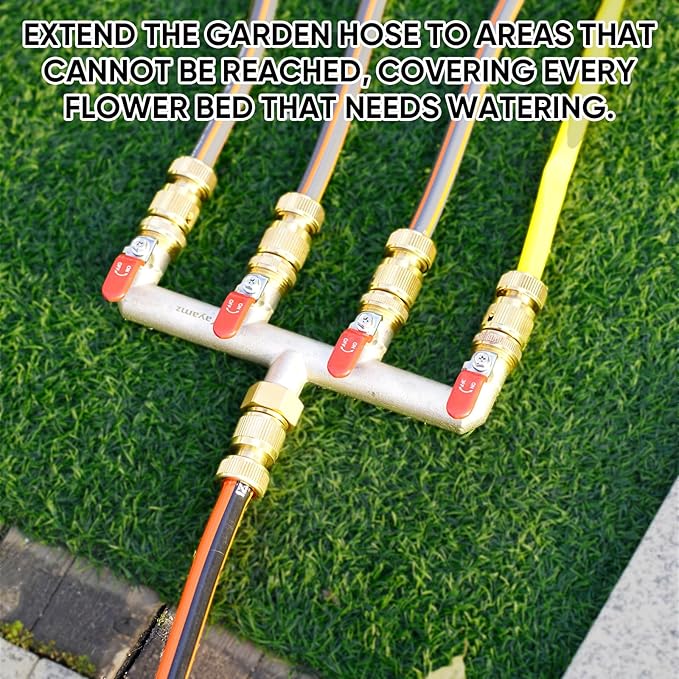 4 Way Garden Hose Splitter, Heavy Duty Brass Nickel Plated Rust Resistant Faucet Manifold, 3/4" Frost Resistant Outdoor Hose Adapter Connector，Hose Spigot Adapter with 4 large red handles