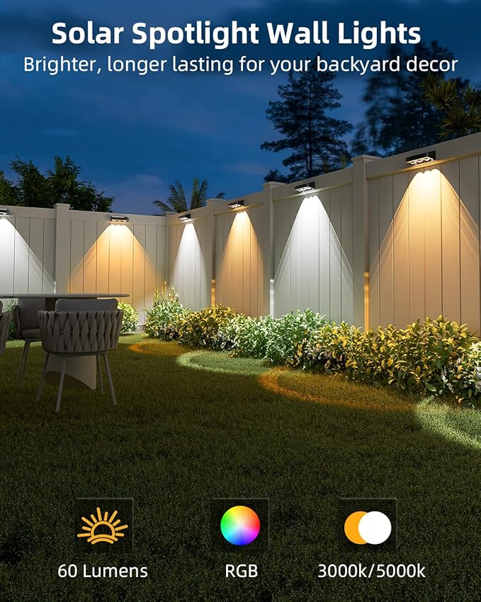 Solar Fence Lights 12 Pack, Warm White, Cool White and RGB Color Glow LED Solar Light, IP65 Waterproof Fence Lights Solar Powered for Patio, Backyard, Railing, Deck and Wall