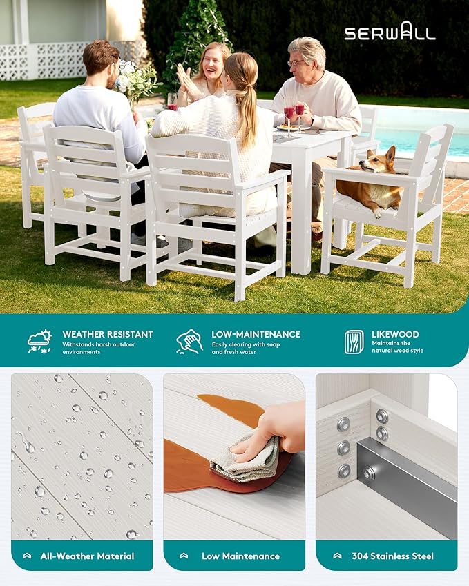 SERWALL Patio Dining Set for 6, Outdoor Dining Sets for 6 Person with 1 Umbrella Hole Cut-Out Rectangular Table and 6 Chairs, HDPE Dining Sets for Garden, Backyard, Poolside, White