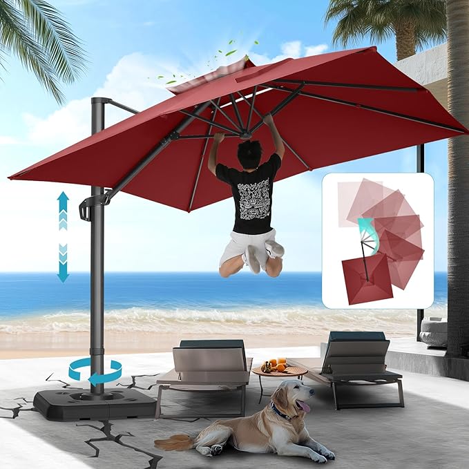 HOTIME10x10ft Patio Umbrella Cantilever Umbrella Double Top - Upgrade and Intensify - 360 Rotation and 5 Angles Adjustment - Aluminum Offset Pool Umbrella Outdoor Umbrellas for Patio Garden Deck Pool