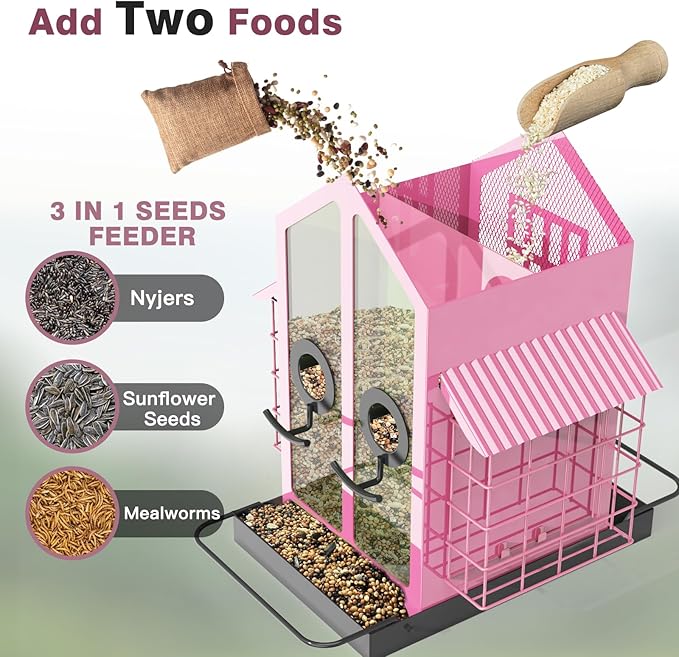 Bird Feeders for Outdoors, Metal Bird Feeder with Double Suet Cage Weatherproof Metal Roof, 2 in 1 Mixed Seeds Suet Feeder, 4Lbs Large Capacity, Great for Finch、Cardinal、Chickadee（Pink）