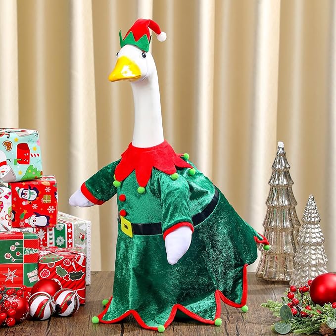 Christmas Goose Outfit Clothes for 23" High Cement or Plastic Goose Elf Red Green Costume Porch Garden Costume for Yard Outdoor Patio Xmas Holiday Decor