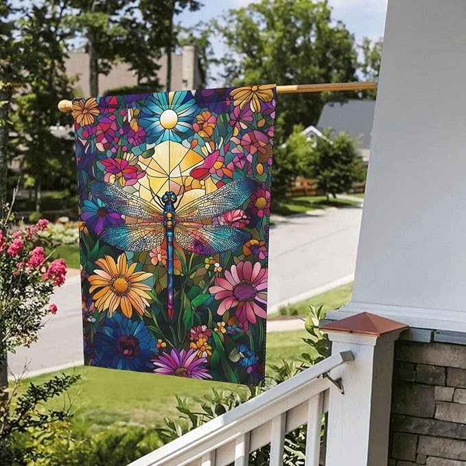 Dragonfly Flowers Garden Flag Vertical Double Sided Outdoor Yard Flags 12.5x18 Inch Burlap Banners for House Lawn