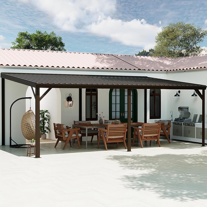 Domi 12'x20' Hardtop Lean to Gazebo with Gutters, Connectable Wall Mounted Gazebo Pergola with Galvanized Steel Roof, 60MPH Wind Resistance, Outdoor Large Metal Canopy, for Patio, Deck, Lawn - Brown