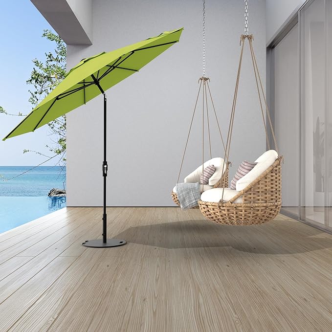 Midtown Umbrellas The Swilt 9 Feet Patio Umbrella in Sunbrella Macaw Acrylic Fabric - Fiberglass Ribs, Auto-Tilt Aluminum Frame For Backyard, Deck, Garden, Pool - White Pole