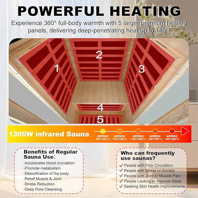 1-Person Infrared Sauna,1300W Indoor Sauna for Home, Side Glass Window, Canadian Hemlock Wood Personal Sauna with 5 Heating Panels, LED Reading Lamp, Blue-Tooth
