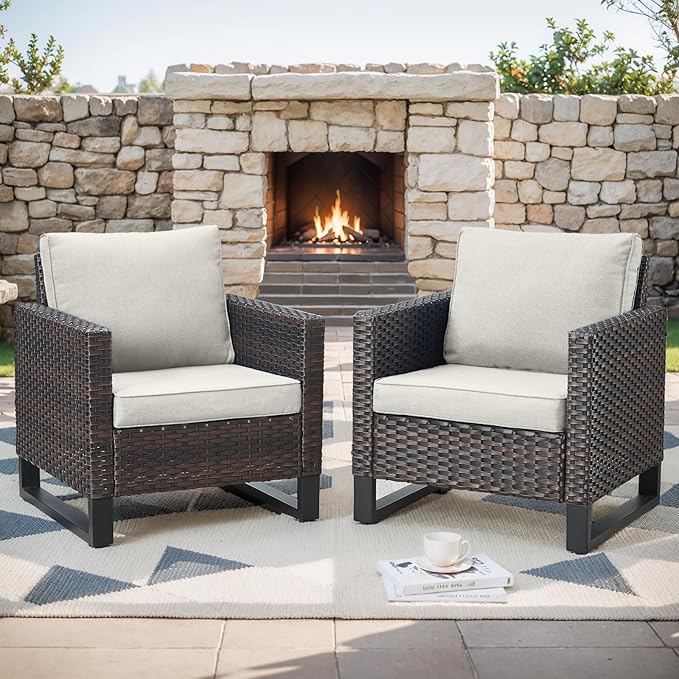Rilyson Wicker Outdoor Patio Chairs Set of 2-2 Piece Rattan Chairs with Waterproof Wicker,Comfortable Cushions and Sturdy Metal Frame for Outside Porch Deck Backyard(Brown/Beige)