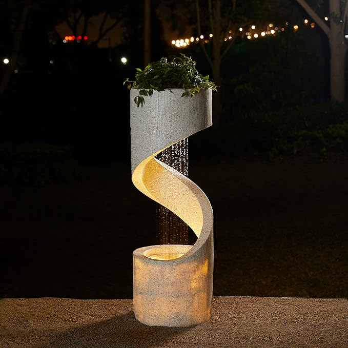 Glitzhome Decorative Tiered Outdoor Water Fountain with LED Light Vintage Curved Waterfall Fountain with Stone Planter Rustic Faux Terrazzo Spiral Shaped Fountains for Garden Patio Deck Porch, 40.25”H