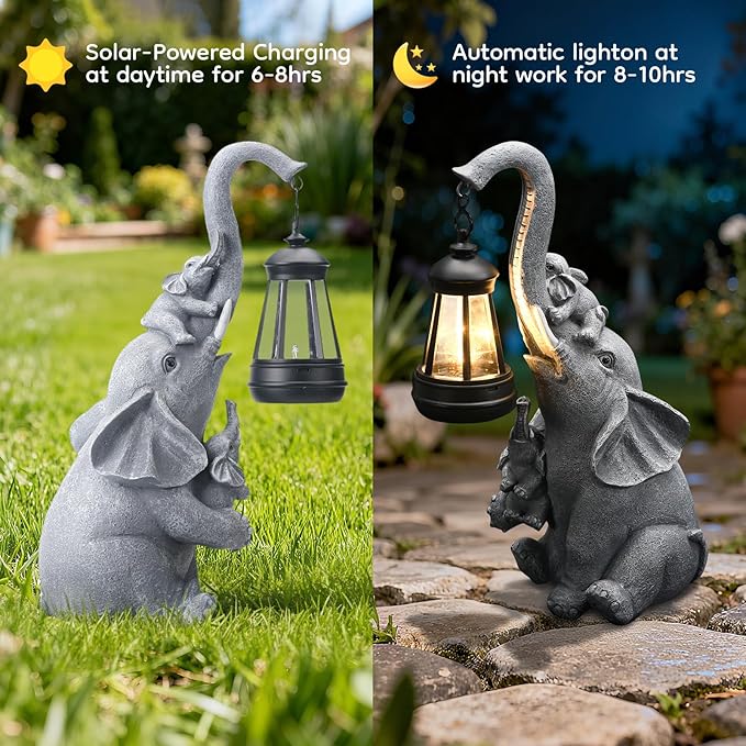 Solar Elephant Garden Lantern Statue Decor - Blessing Guardian, Auto On/Off Weatherproof Resin for Patio, Safari Theme & Good Luck
