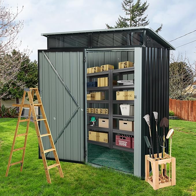 5X3 FT Outdoor Storage Shed, Waterproof Metal Garden Sheds with Lockable Door, Steel Tool Storage Buildings Shed & Outdoor Storage House for Garden, Backyard, Patio, Lawn, Trash Cans(Black)