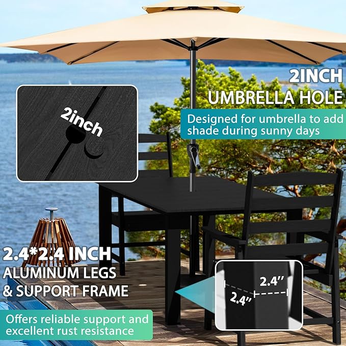 LOUNZY 7 Pieces Patio Dining Sets, 75.2'' Table Outdoor HDPE Furniture Set w/ 2" Hole Cut-Out Dining Table with 6 Patio Chairs for Lawn, Pool and Yard,Black
