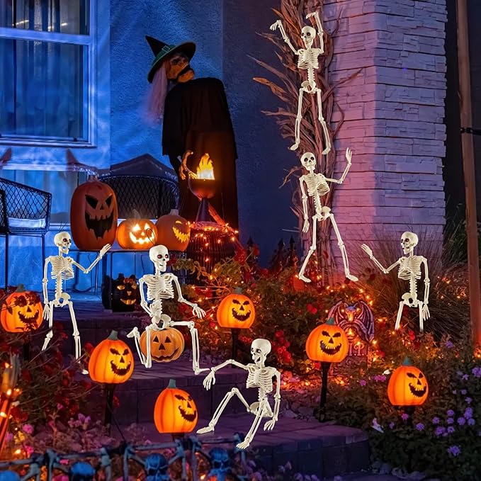 Remiawy Skeleton Halloween Decorations, 6 Pack 16” Full Body Posable Skeletons with Movable Joints, Small Plastic Hanging Props for Haunted House, Yard, Graveyard, Spooky Party Indoor Outdoor Decor
