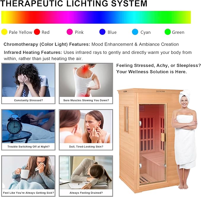 1-Person Indoor Infrared Sauna 1000W – Canadian Hemlock Wood Home Sauna with Red Light Therapy, Bluetooth Speaker, Glass Door,Big Room: 37.8" x 30.3" x 65.4"