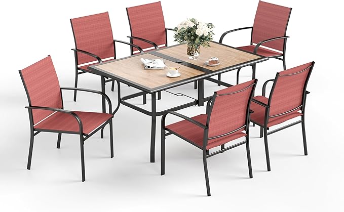 7 Pcs Patio Dining Set for 6, Rectangular Metal Dining Table (PVC Table Top) with Umbrella Hole and 6 Chairs, Outdoor Dining Set for Lawn Garden Deck, Red