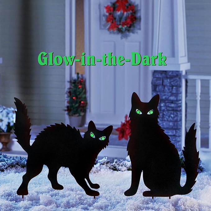 WAIU Halloween Metal Cat Yard Stakes Glow in The Dark Black Cat Silhouette Outdoor Decor for Garden Lawn Patio Spooky Halloween Party Yard Art Decoration, Set of 2