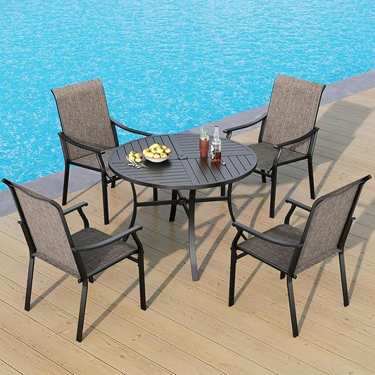 PHI VILLA 5 pcs Patio Round Dining Table and Chairs,Textilene Dining Chairs Sturdy and Durable and Round Metal Table with Umbrella Hole,Black Frame with E-Coating for Lawn,Garden