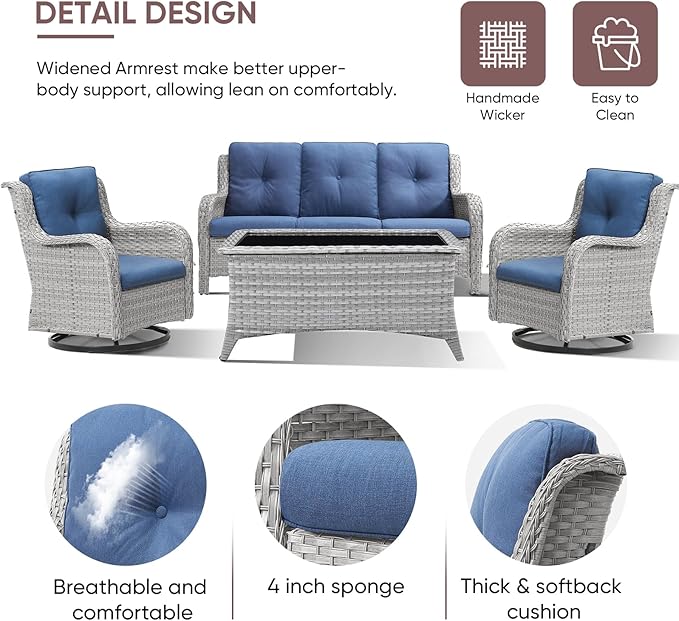 Patio Furniture 4 Piece, All-Weather PE Wicker Outdoor Furniture Set with Coffee Table,Outdoor Patio Furniture with Swivel Rocker Chairs and Outdoor Sofa