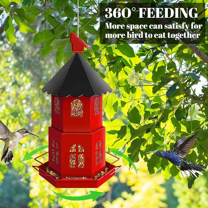 Bird Feeders for Outdoors Hanging, ULENDIS Metal Bird feeders for Outside Attracting Wild Birds, Installation-Free Large Bird Feeder for Garden Cardinal Finch Blue Jay (Red)