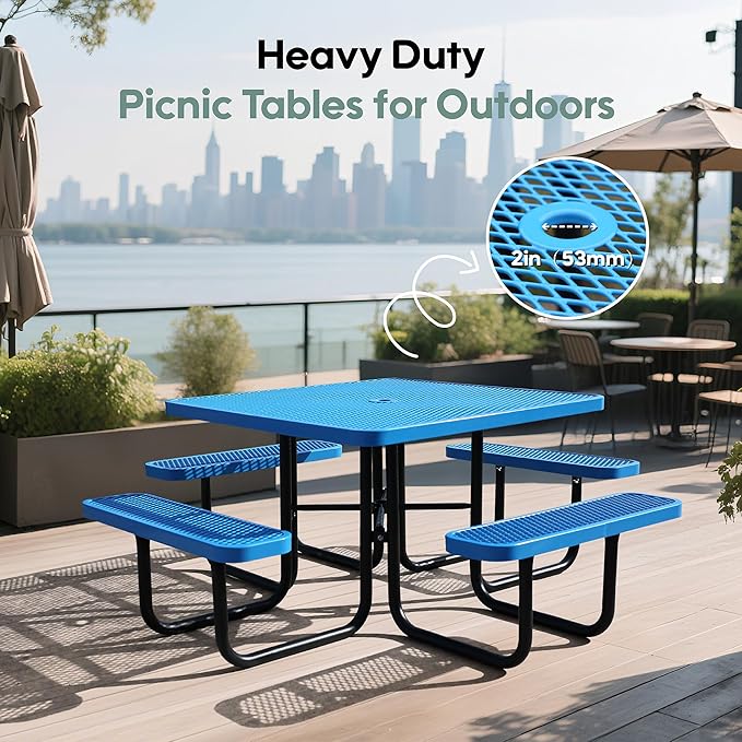 46Inch Square Picnic Table for 8 Person, Outdoor Heavy Duty Sturdy Picnic Tables with 4 Benches & Umbrella Hole, Commercial Metal Patio Picnic Table for Garden, BBQ, Coffee Store, Party, Porch (Blue)