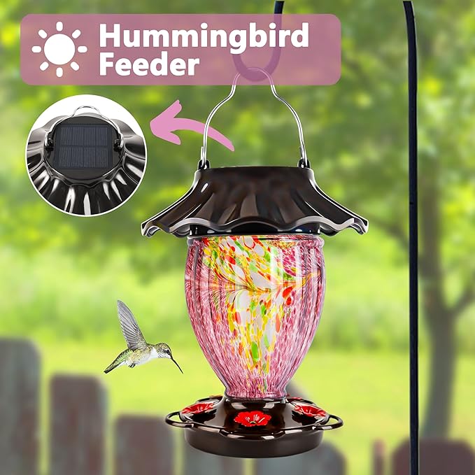 LUJII Solar Powered Hummingbird Feeder for Outside Hanging, Trophy Shaped Hand Blown Glass, Weatherproof, Lighted Lantern for Garden Decor, 32 fl.oz, Never Leak, Unique Gift for Bird Lover(Purple)