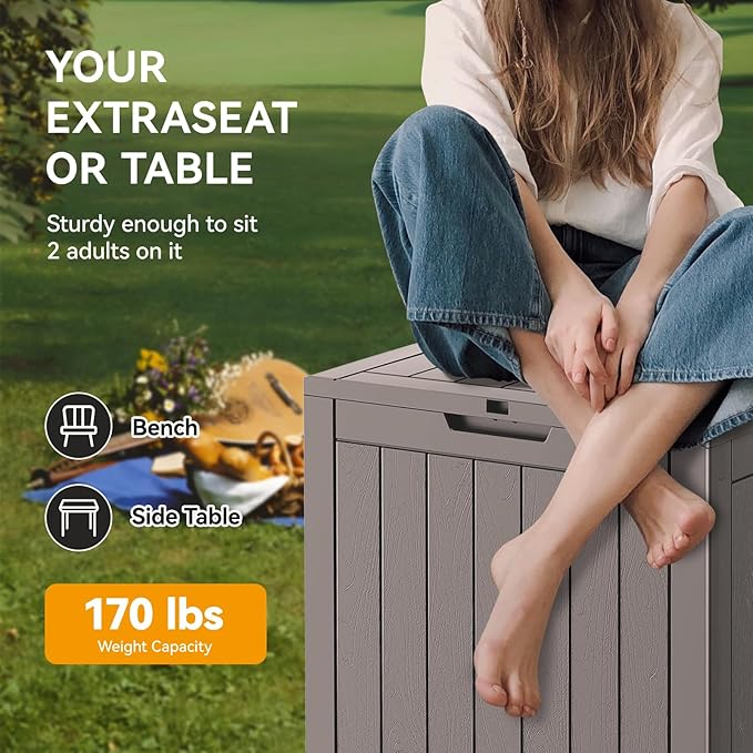 Outdoor Storage Box, Resin Deck Boxes Outdoor Waterproof For Patio Furniture, Garden Tools, Pool Supplies, Durable And UV Resistant, Lockable (32 Gallon, Grey)