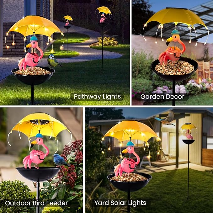 Bird Feeder Solar Garden Decor, Waterproof Flamingo Metal Wildbird Cardinals Hummingbirds Feeders with LED Lights, Gifts for Mom Grandma Bird Lovers Outdoor Path Yard Decoration
