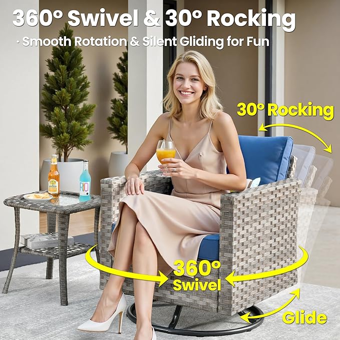 ovios 8 Pieces Patio Furniture Set, Outdoor Wicker Sectional Sofa with Swivel Chair Coffee Table, Modern Modular Deep Seat Rattan Couch Conversation Sets, Navy Blue