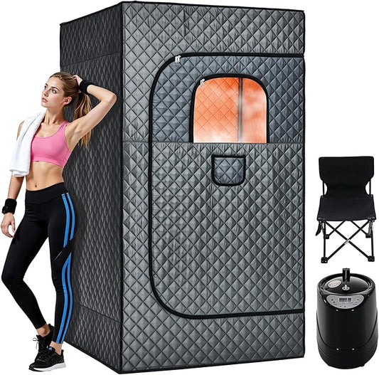 Albott Portable Sauna Box for Home, Person Steam Sauna Tent with 3L 1500W Steamer, Extra Large Size 3.3’ x 3.3’ x 5.9’ Full Body Home Spa, Remote Control, Folding Chair, Grey