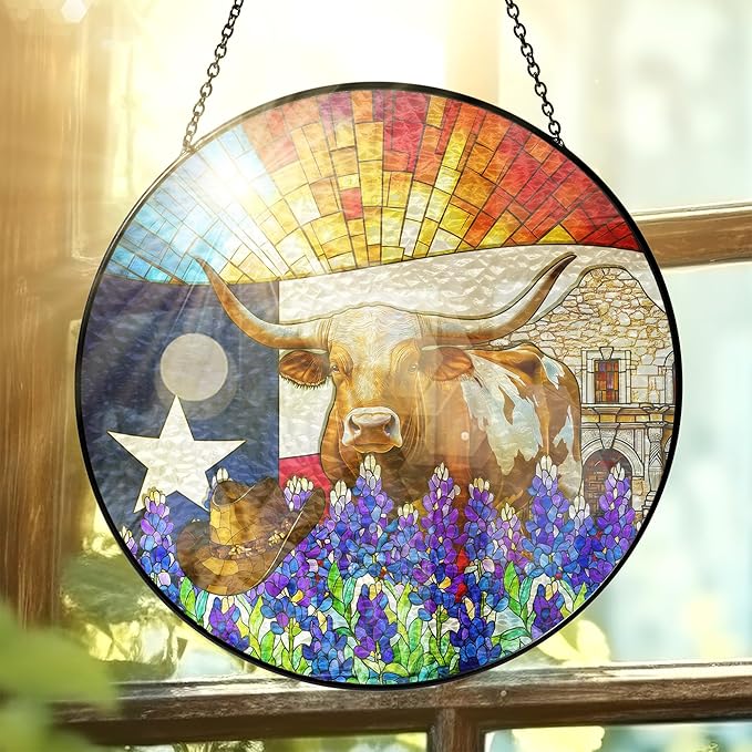 FLAGWIX Christmas Texas Gifts for Women Men - Stained Glass Window Hanging 10in - Sun Catchers Indoor Window for Garden Decor, Texas Themed Gifts for Mom Dad, House Warming Gift for Wife Husband